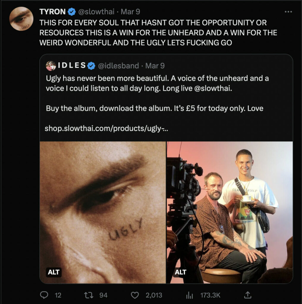 Screenshot from slowthai's Twitter post for his new album "UGLY"