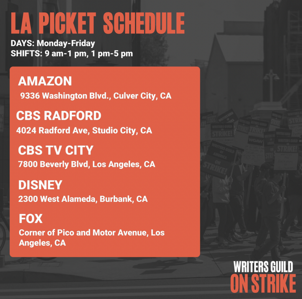 Official picket line strike schedule for the WGA strike. 