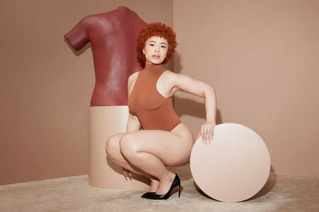The new SKIMS shapewear campaign features pop music IT-girls Ice Spice, RAYE, Nessa Barrett, and Pinkpantheress.