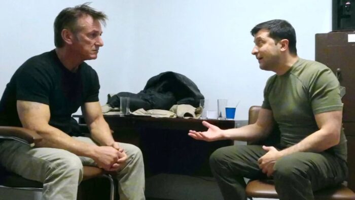 Sean Penn with Ukrainian President Volodymyr Zelensky in the documentary 'Superpower.'