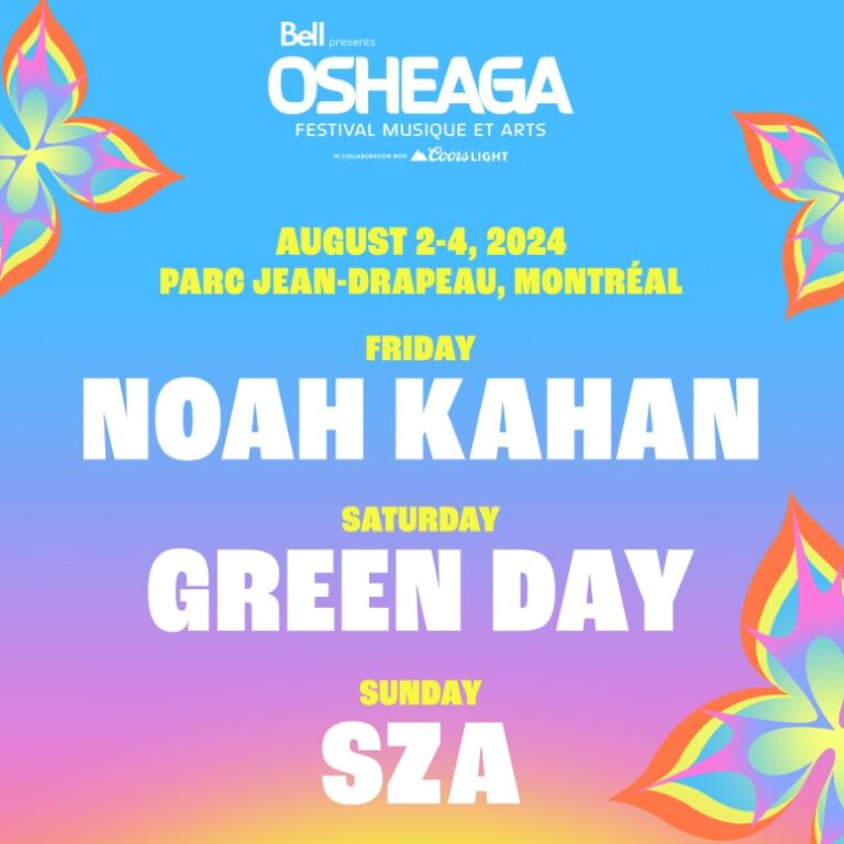 The official promotional artwork for Osheaga Fest's headliners in 2024. SZA, Green Day and Noah Kahan's inclusion in next years' event signals a wide ranging array of talent on tap for the next edition.
