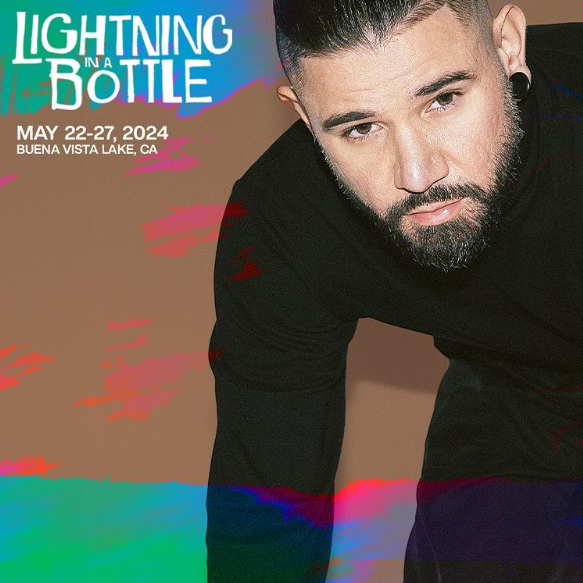 An official piece of promotional material for Lightning in a Bottle Fest 2024, featuring headliner Skrillex alongside official event branding.