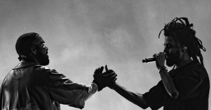 A still of North Carolina superstar J. Cole with fellow rapper Drake. J. Cole is poised to bolster his "2014 Forest Hills Drive" LP for its 10th anniversary. Taken from @dreamville Instagram.